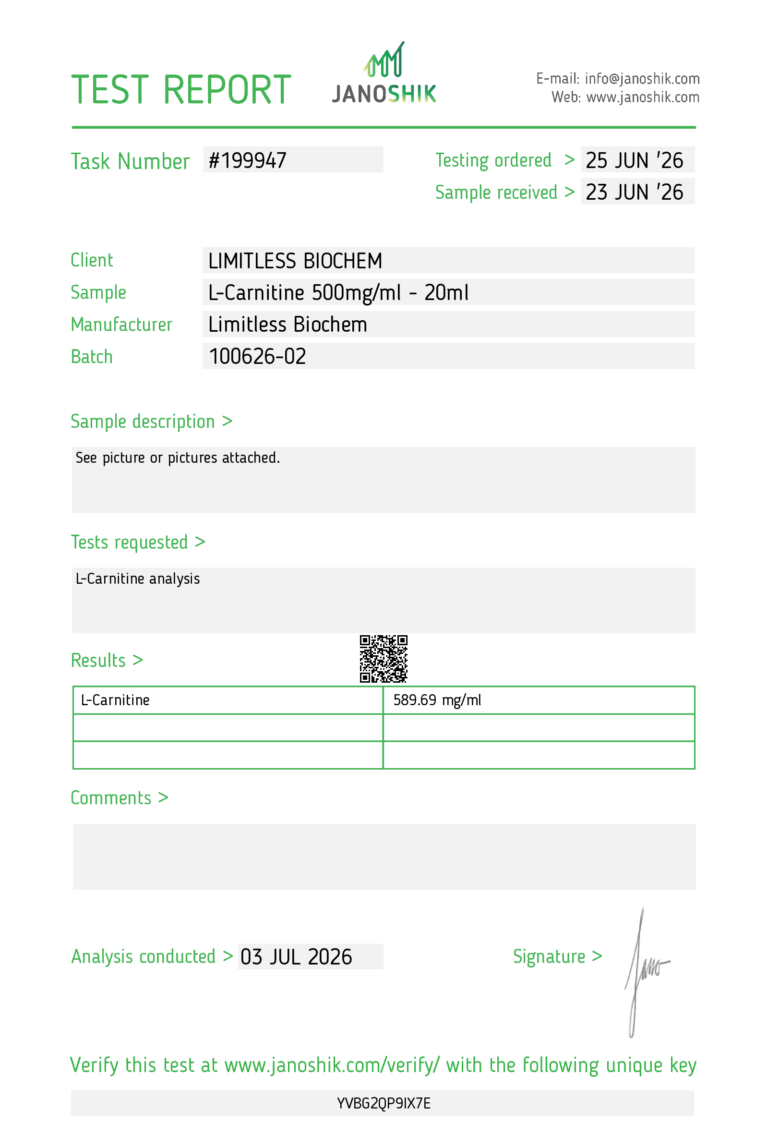 Lab test — L-carnitine 500 mg/ml – 20 ml
